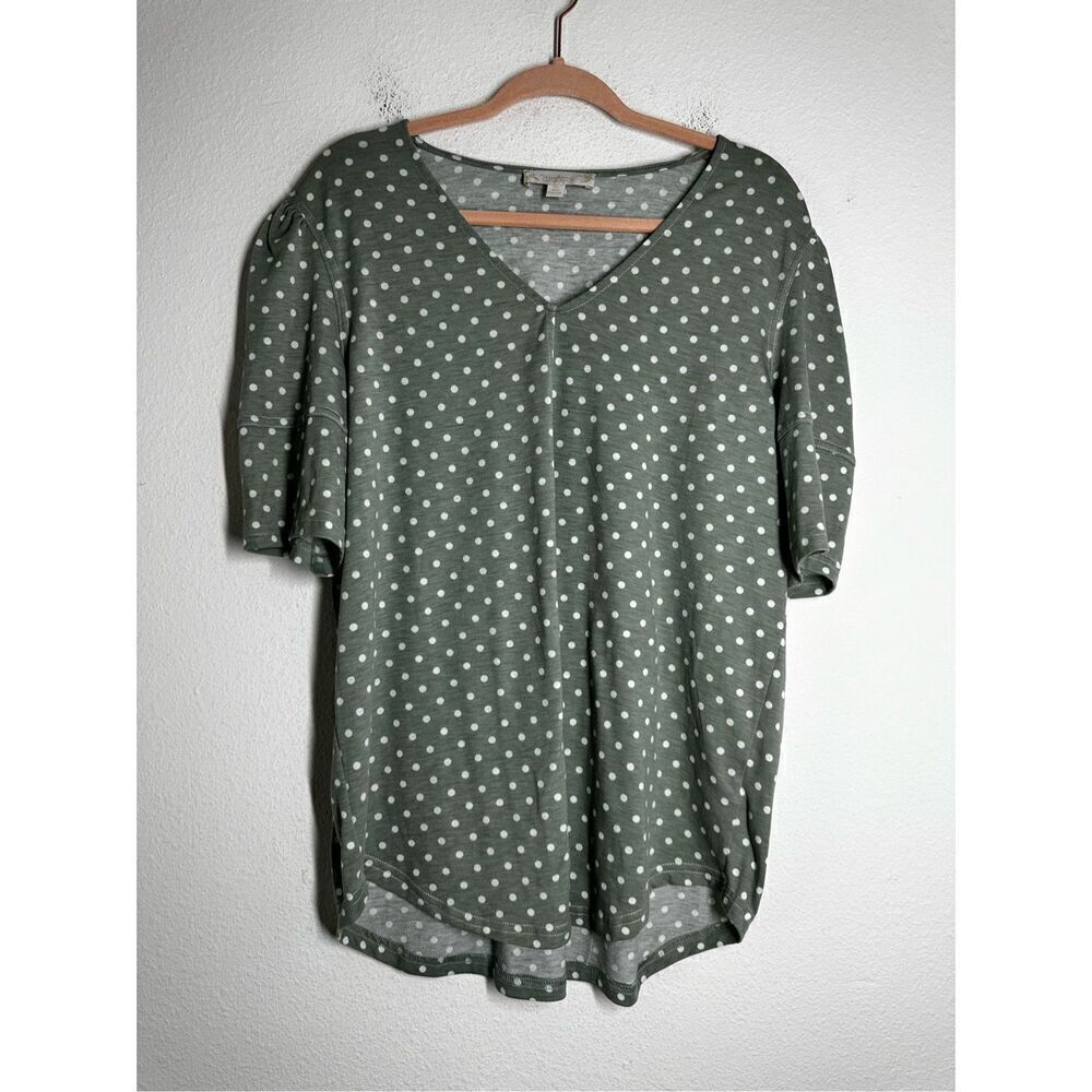 Weekend By Suzanne Betro Women’s Polka Dot Green White Vneck Top Size XL